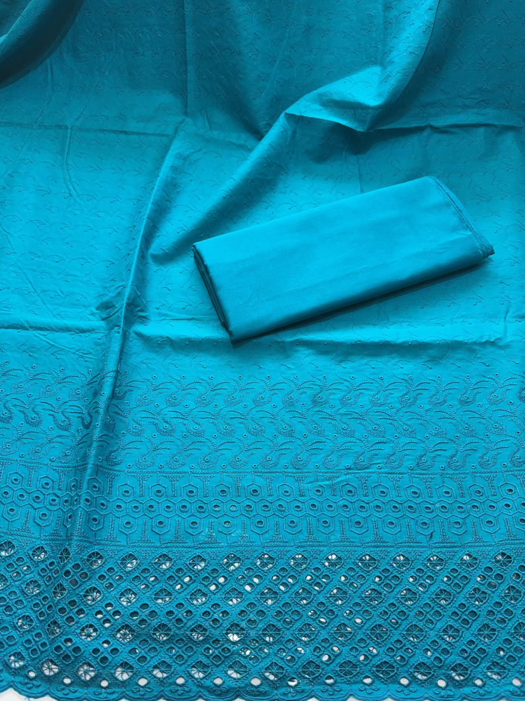 Chikankari Lawn 2 Piece Suit Daman Bore Long Length Suit | Dark Ferozi