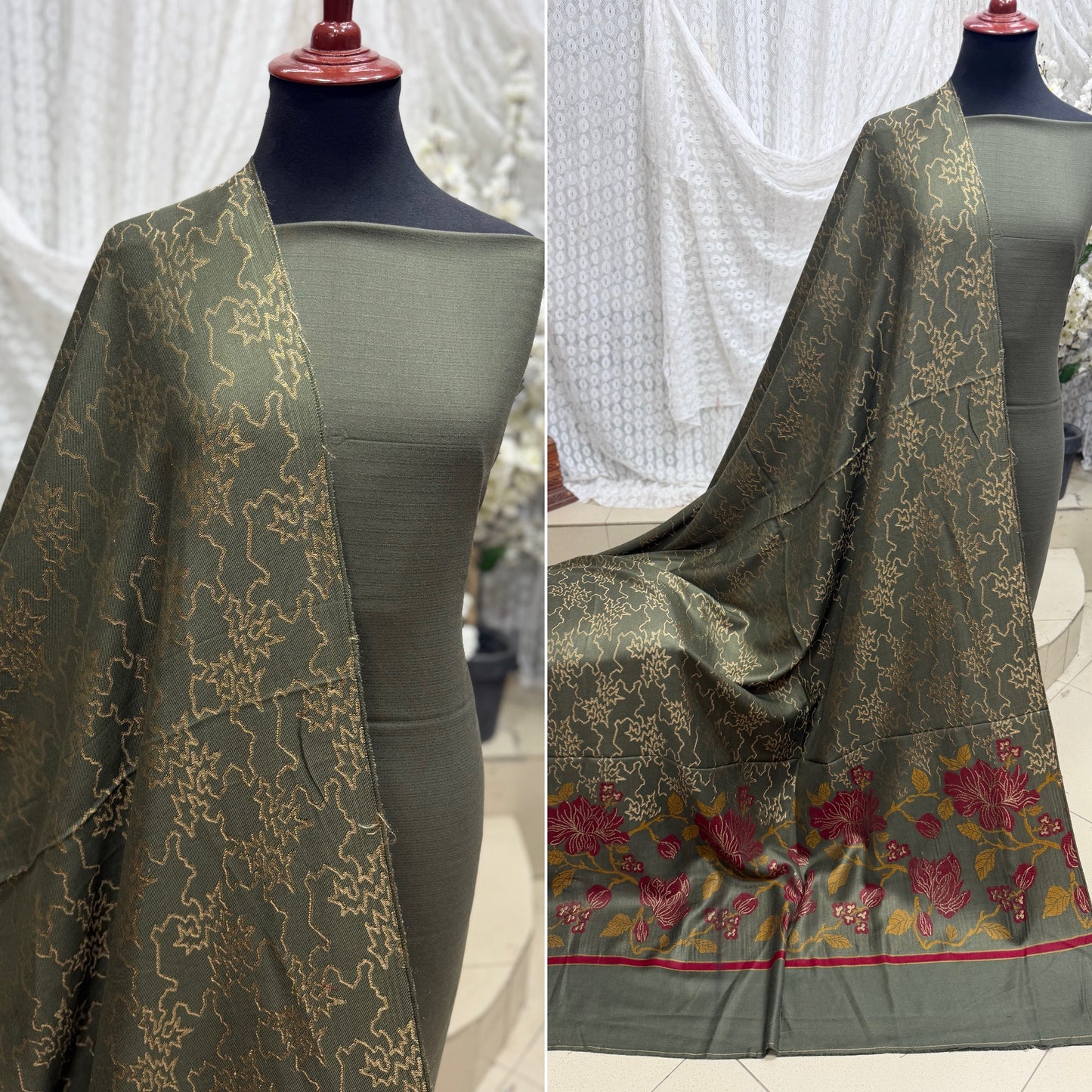 Marina 3 Piece Allover Suit With Jackard Banarsi Wool Shawl | Olive Green
