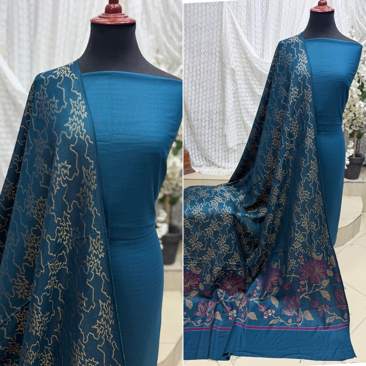 Marina 3 Piece Allover Suit With Jackard Banarsi Wool Shawl | Zinc