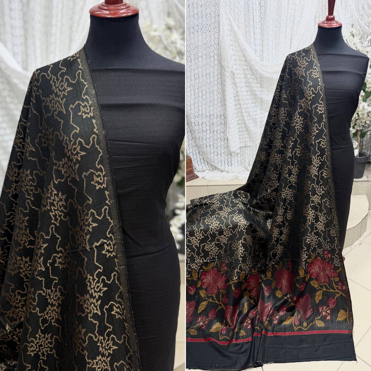 Marina 3 Piece Allover Suit With Jackard Banarsi Wool Shawl | Black