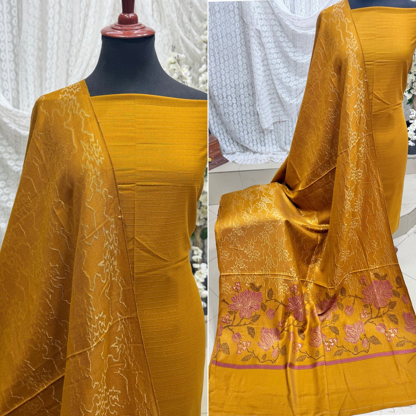 Marina 3 Piece Allover Suit With Jackard Banarsi Wool Shawl | Mustard