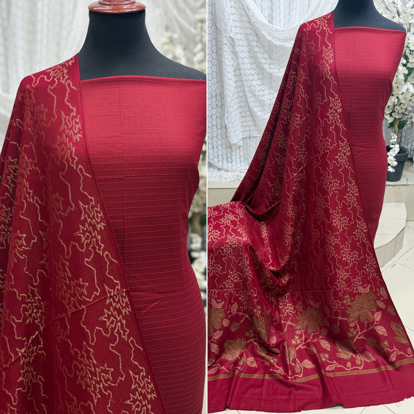 Marina 3 Piece Allover Suit With Jackard Banarsi Wool Shawl | Maroon