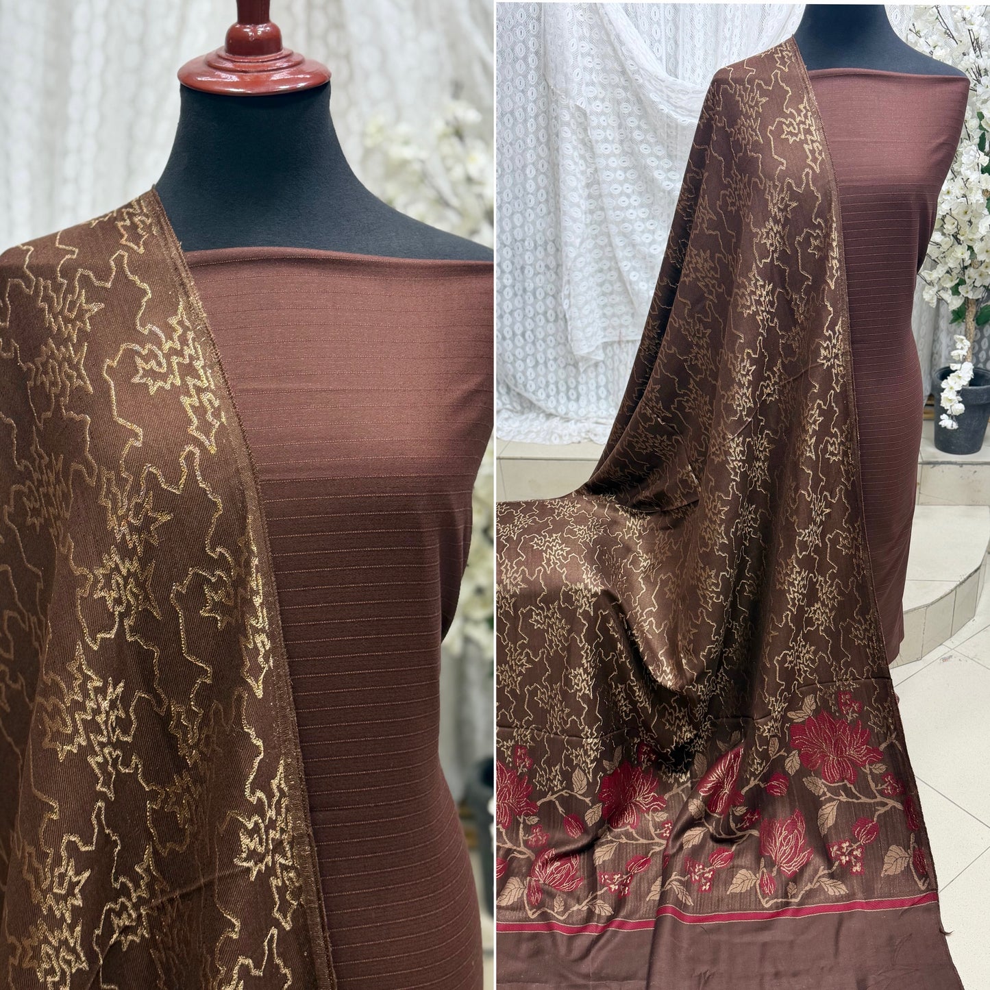 Marina 3 Piece Allover Suit With Jackard Banarsi Wool Shawl | Brown