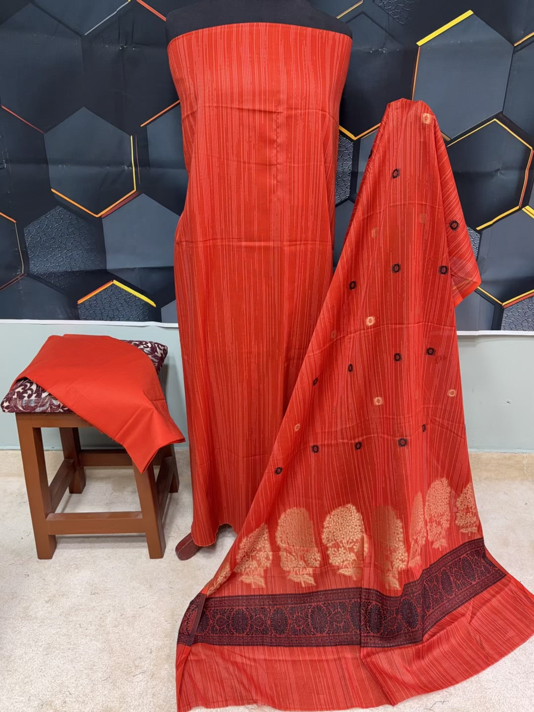 3 Piece Rangoli Lawn Suit With Lawn Kani Dupatta | Rust