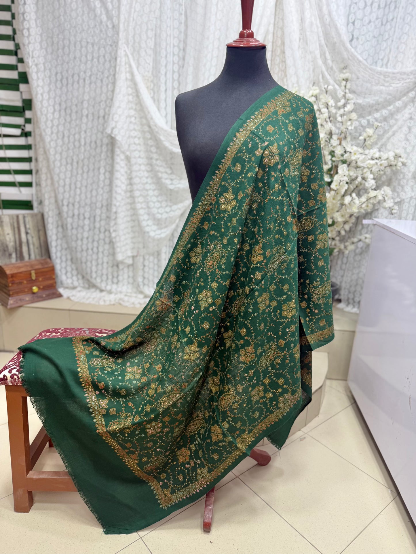 Pashmina Stole | Print and Embroidery in Sale Price Perfect for Gifts | Bottle Green