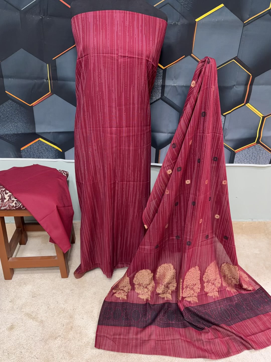 3 Piece Rangoli Lawn Suit With Lawn Kani Dupatta | Maroon