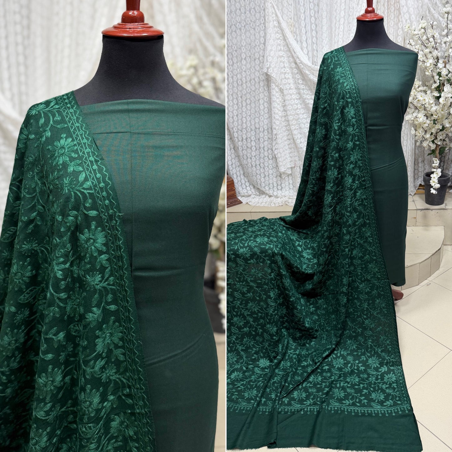 Pashmina 3 Piece Suit | Embroidered Shawl with Plain Suit Marina | Green With Green
