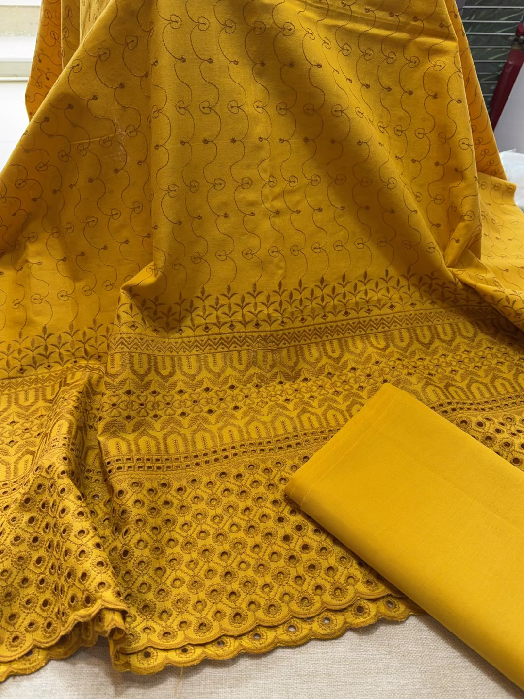 Chikankari Lawn 2 Piece Suit Daman Bore Long Length Suit | Mustard