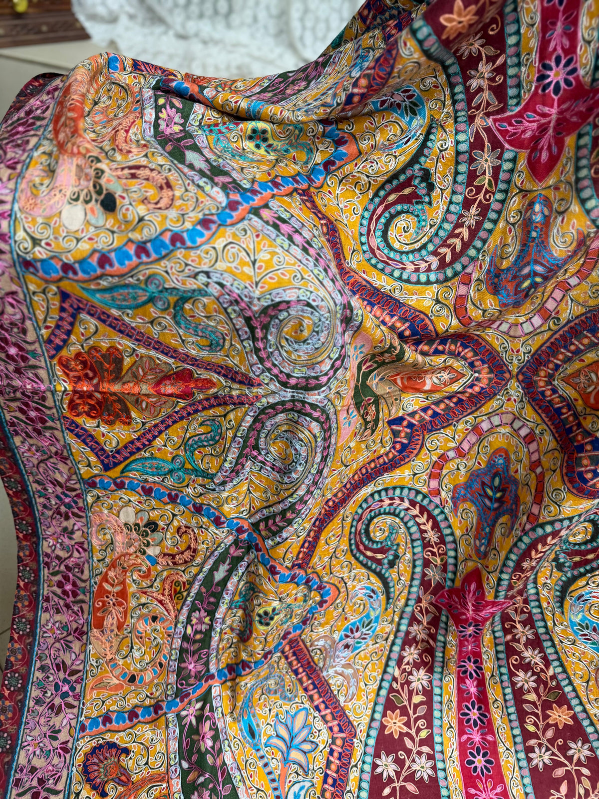 Qalamkar Shawl on Toosh Base | Made in Kashmir Multicolor Floral Design | Q109
