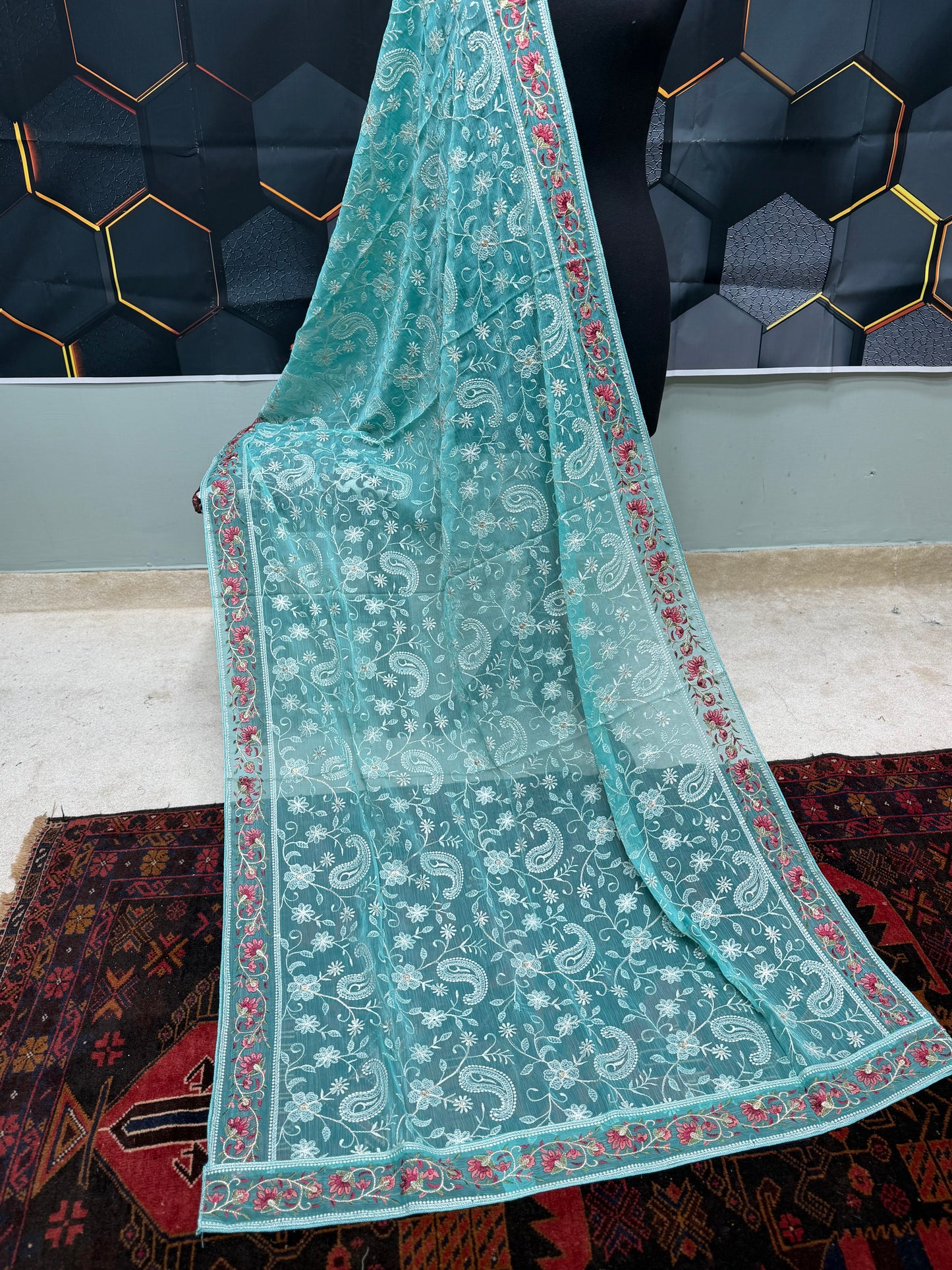 Crinkle Chiffon Shadown Embroidery Multi Color | Turquoise