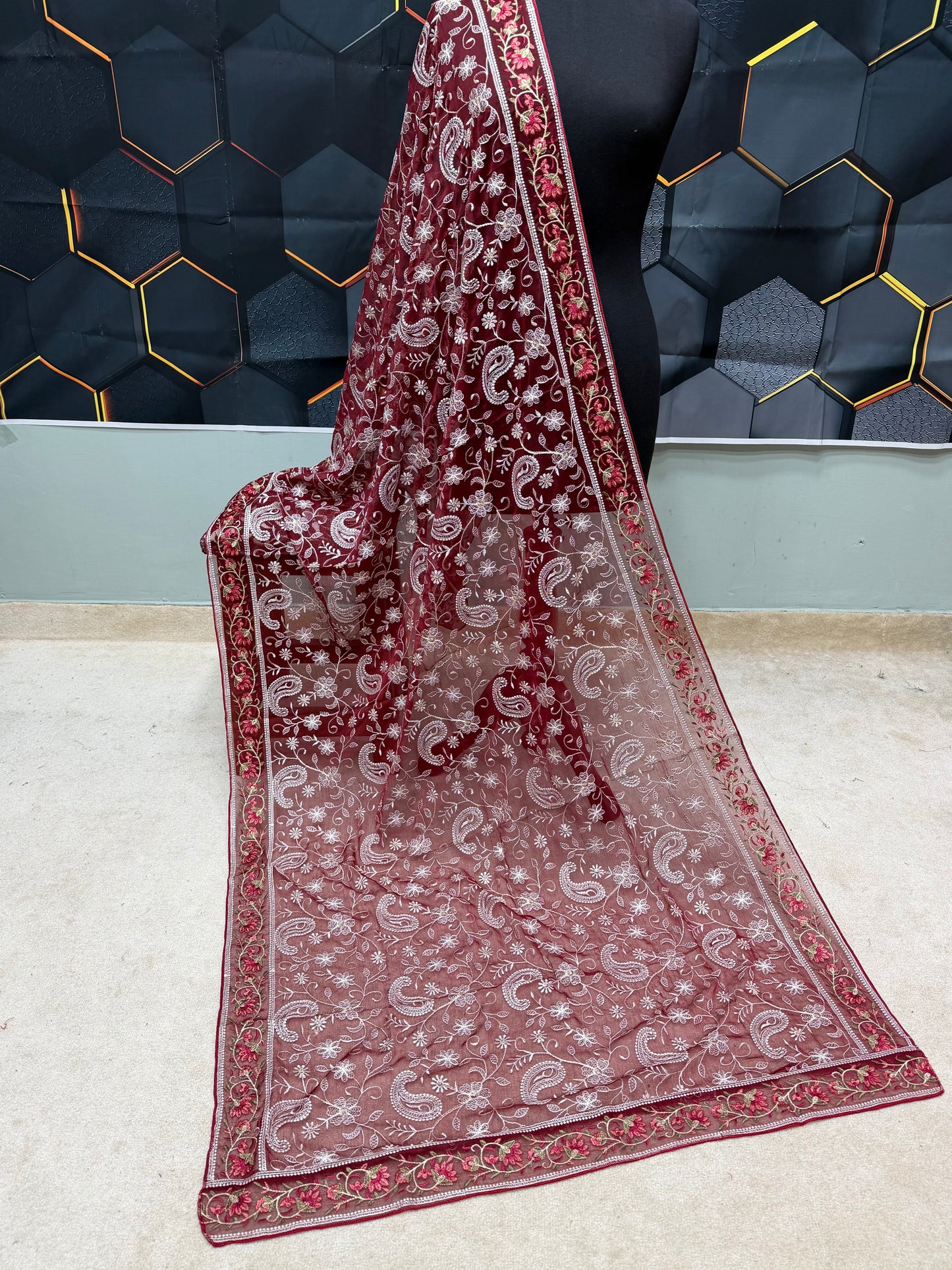 Crinkle Chiffon Shadown Embroidery Multi Color | Maroon