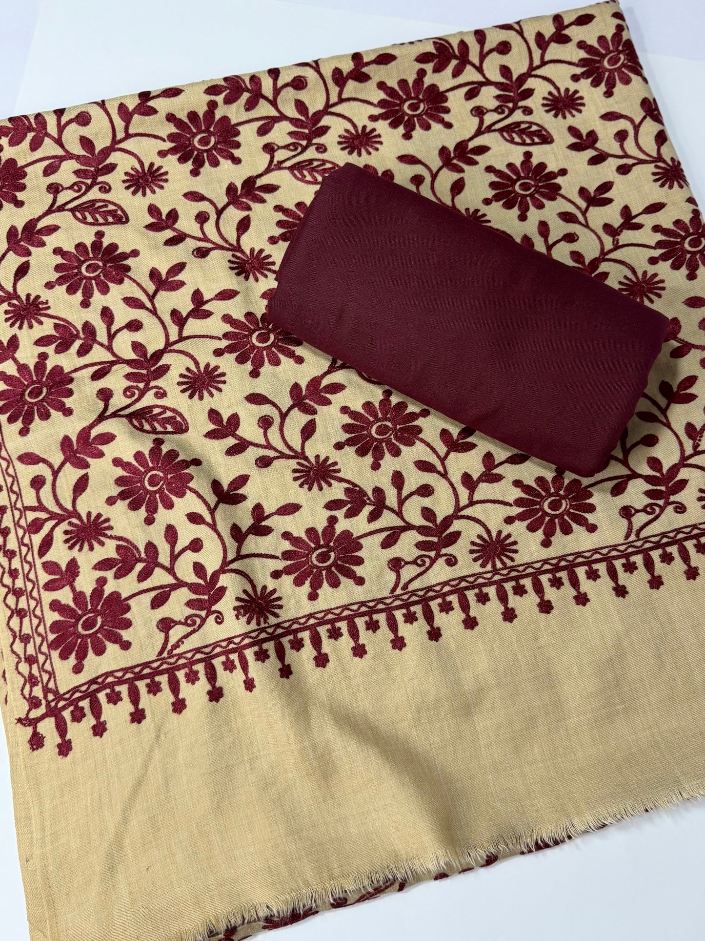 Pashmina 3 Piece Suit | Embroidered Shawl with Plain Suit Marina | Skin Maroon