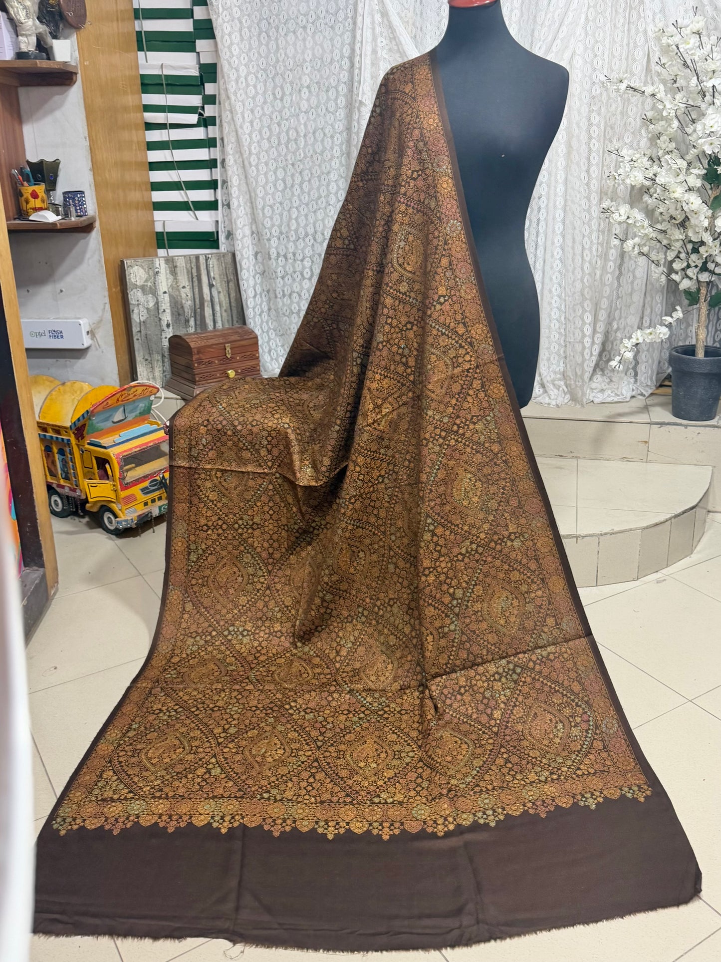 Special Pashmina Shawl | Hand Embroidery on Print Beautiful Jaal Shawl | Brown