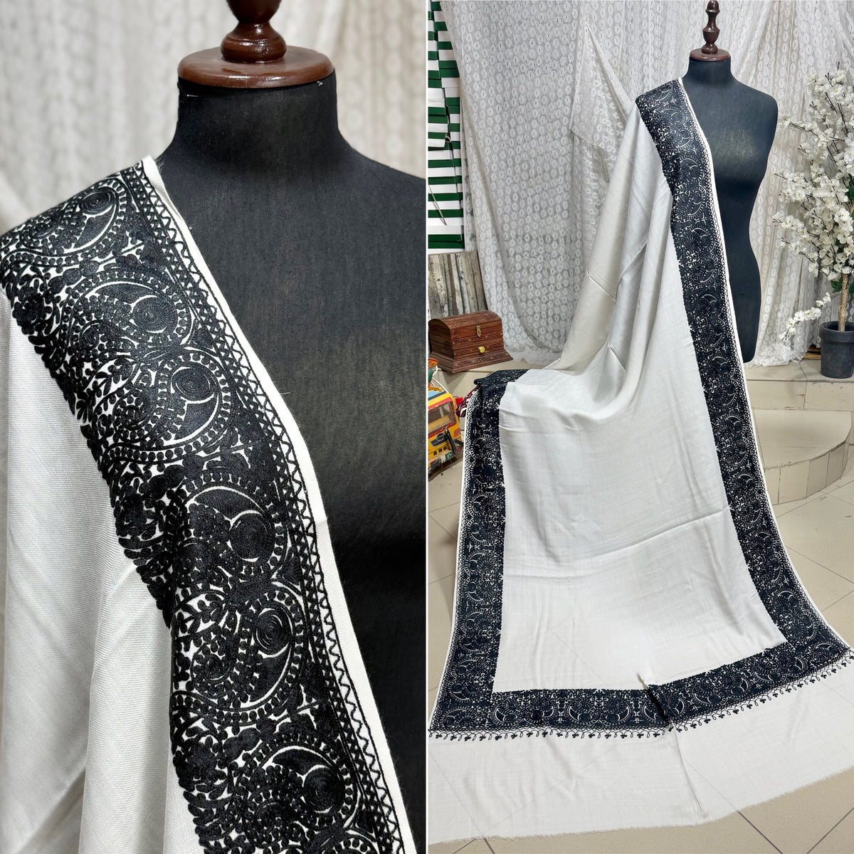 Kashmiri Shawl | 4 Side Wide Border Kashmiri Embroidery | White With Black