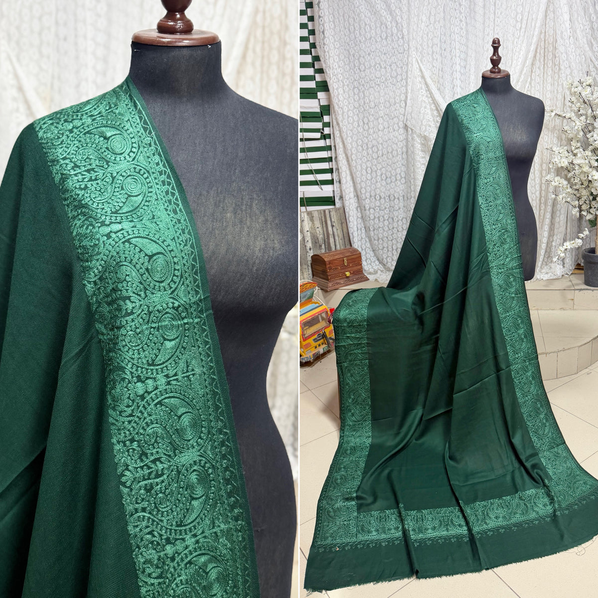 Kashmiri Shawl | 4 Side Wide Border Kashmiri Embroidery | Green With Green