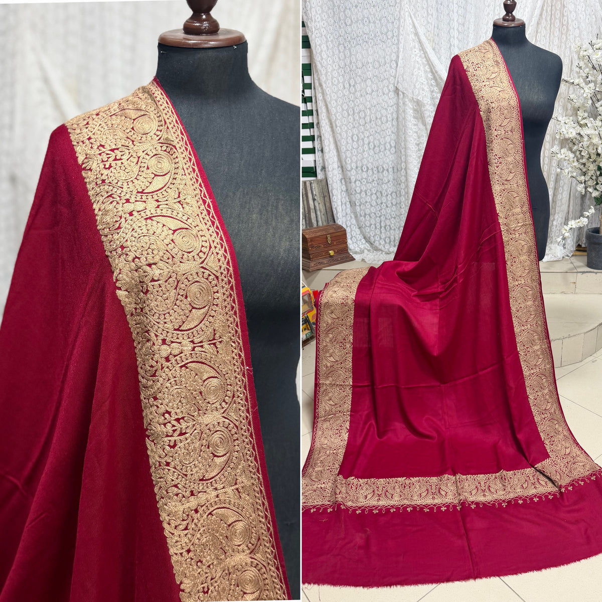 Kashmiri Shawl | 4 Side Wide Border Kashmiri Embroidery | Maroon With Skin