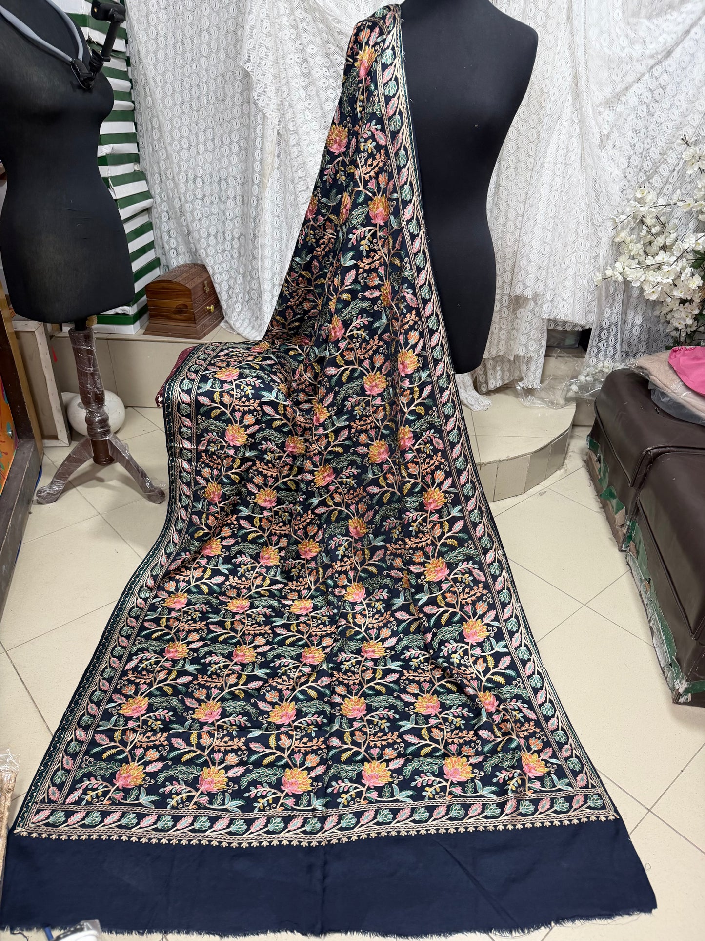 Kashmiri Jaal Shawl | Full Embroidered Shawl Resham Work Aar Embroidery | Blue