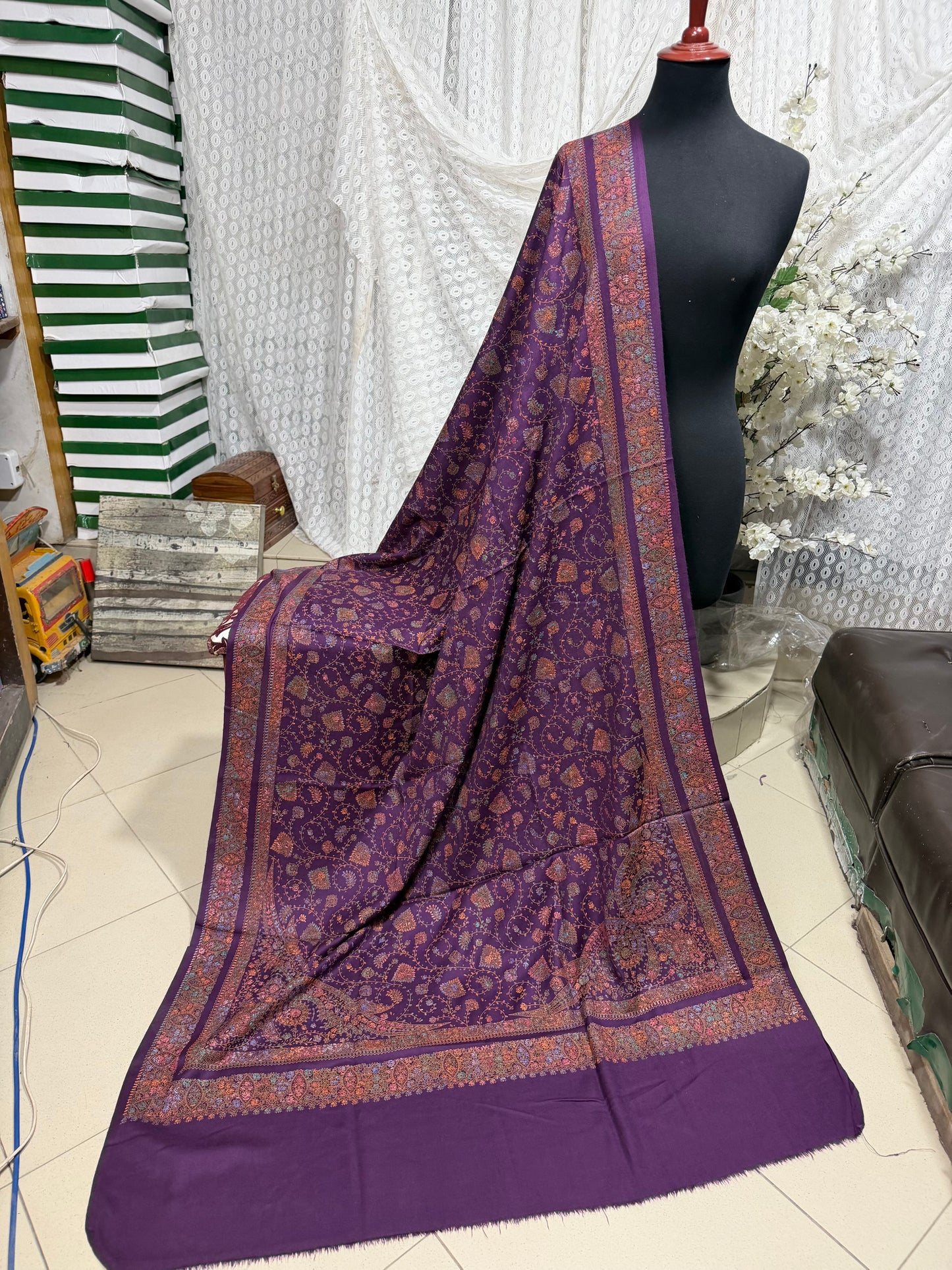 Pashmina Shawl | Hand Embroidery on Print Beautiful Shawl | Purple