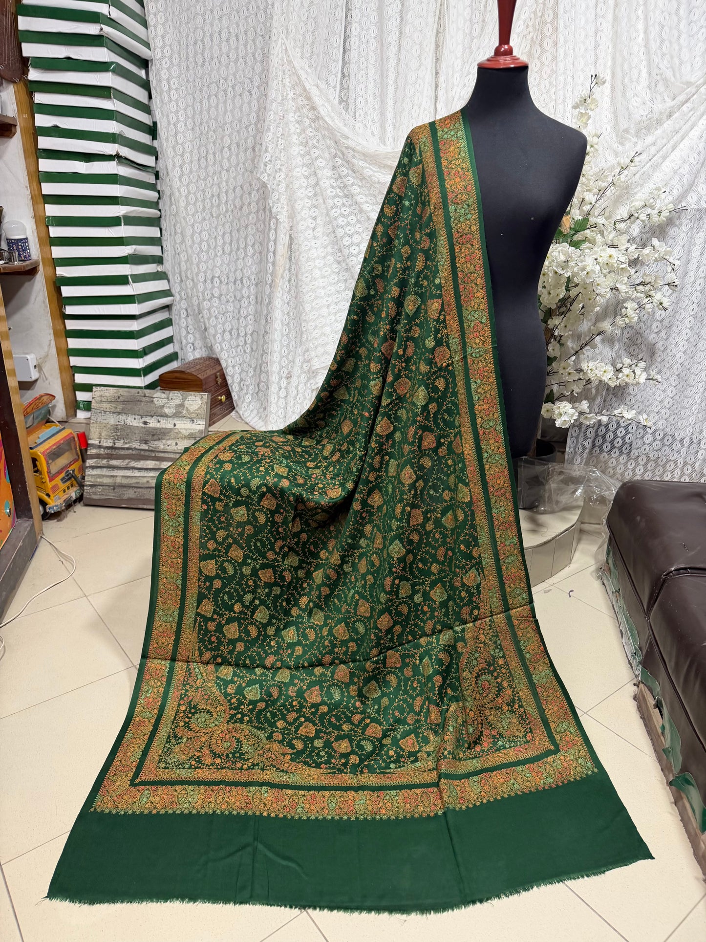 Pashmina Shawl | Hand Embroidery on Print Beautiful Shawl | Dark Green