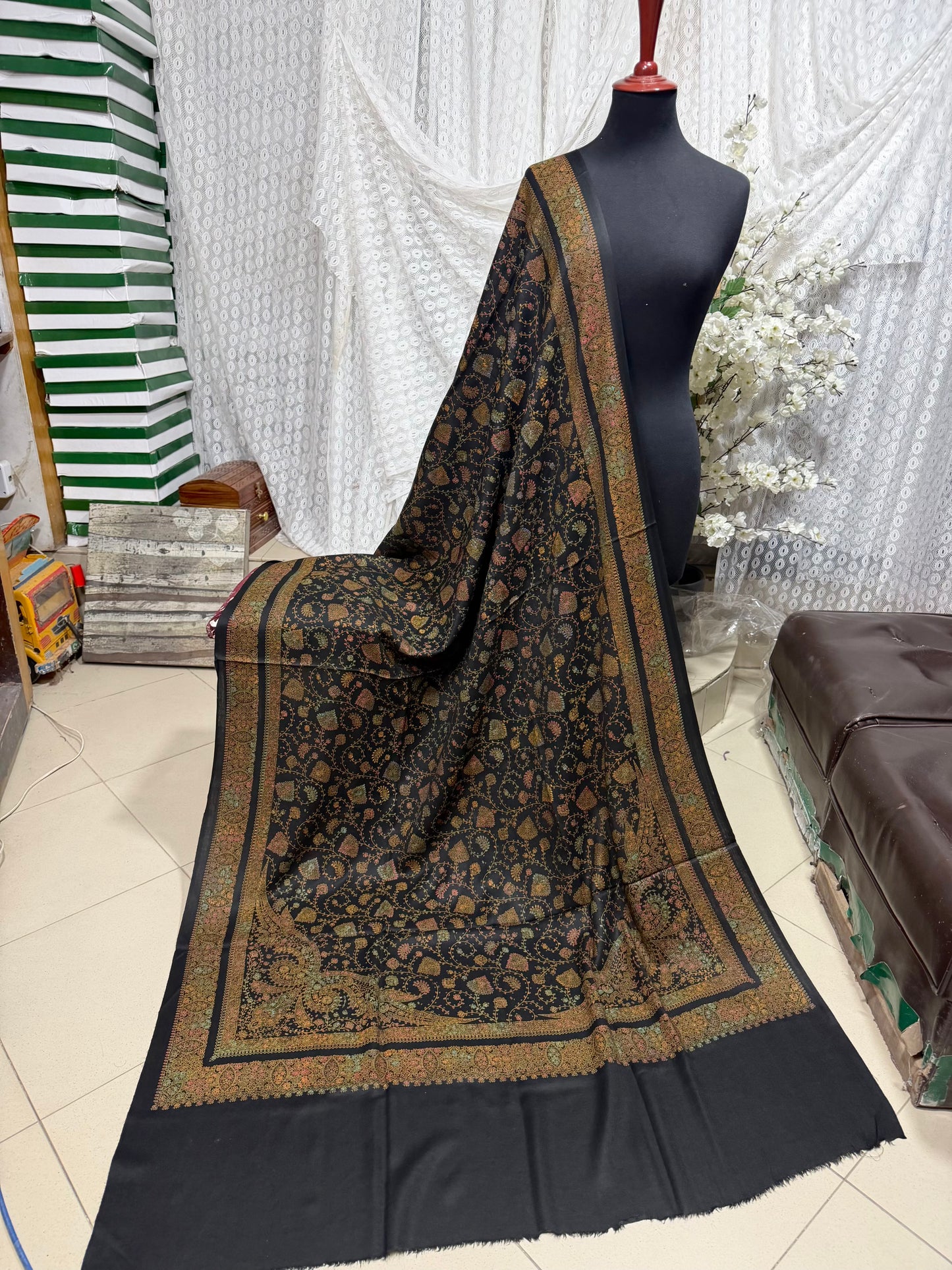Pashmina Shawl | Hand Embroidery on Print Beautiful Shawl | Jet Black