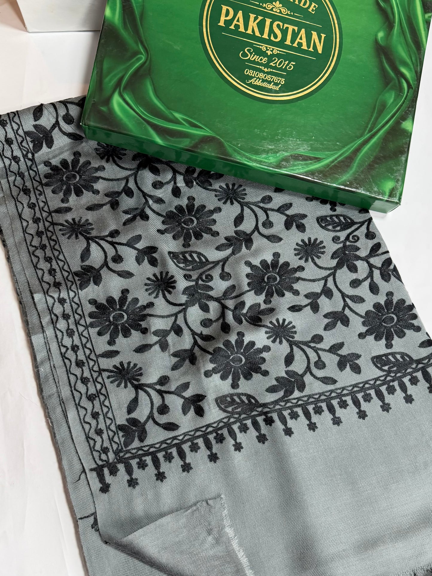 Pashmina Embroidered Shawl Flower Design | Grey Black