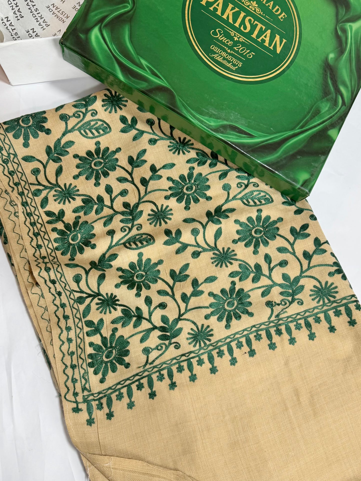 Pashmina Embroidered Shawl Flower Design | Skin Green