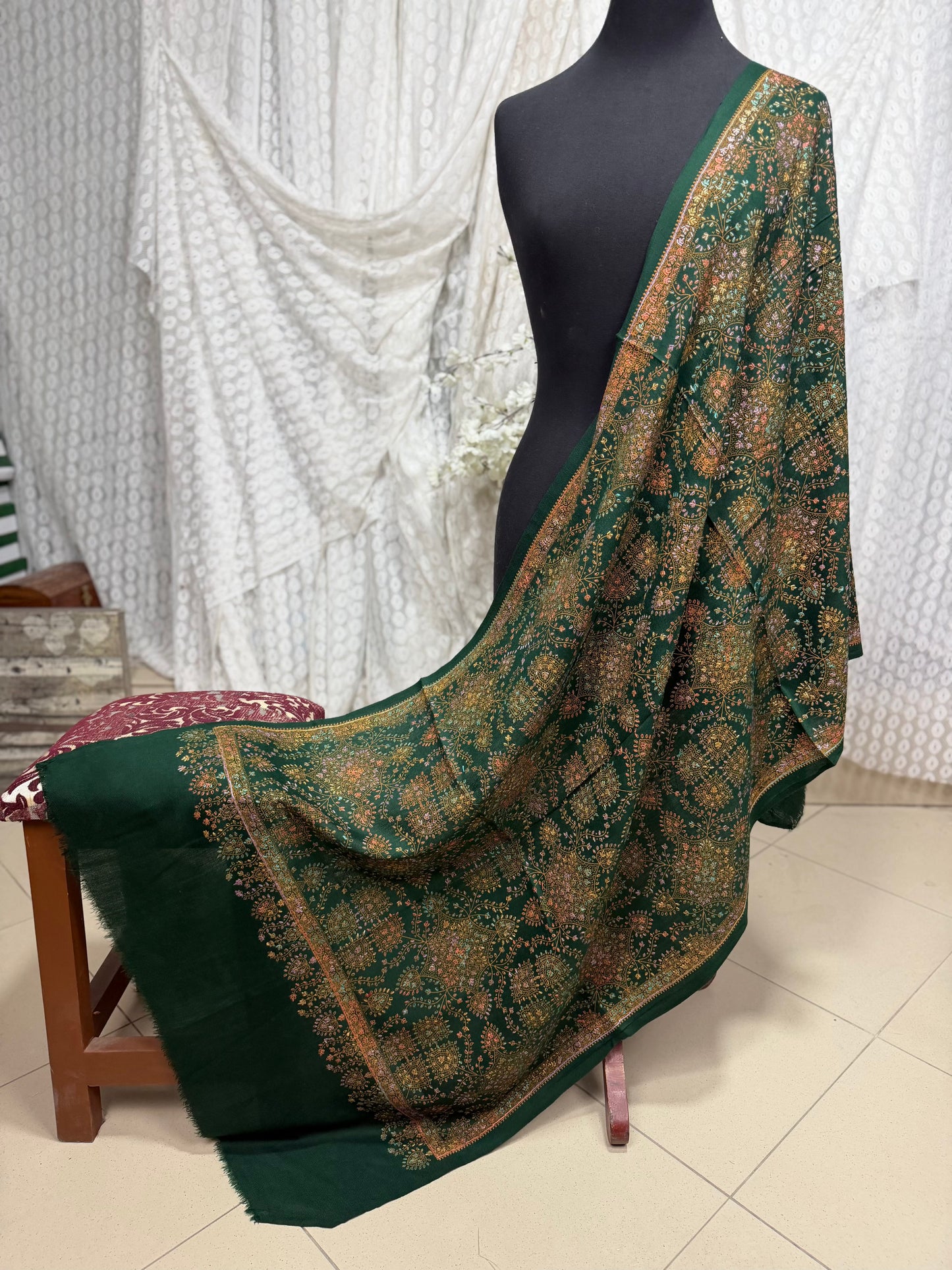 Pashmina Stole | Print and Embroidery in Sale Price Perfect for Gifts | Dark Green