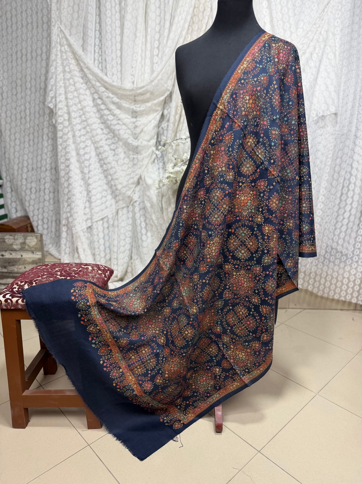 Pashmina Stole | Print and Embroidery in Sale Price Perfect for Gifts | Navy Blue