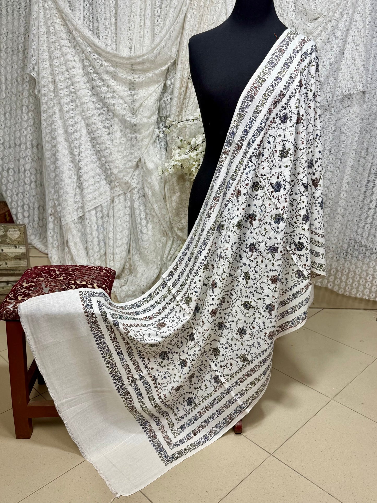 Pashmina Stole | Print and Embroidery in Sale Price Perfect for Gifts | Off White