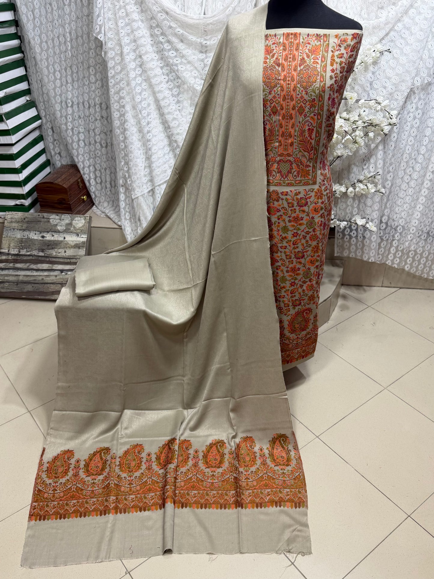 New Kani Pashmina Allover Design 3 Piece Unstitched Suit | Skin Grey