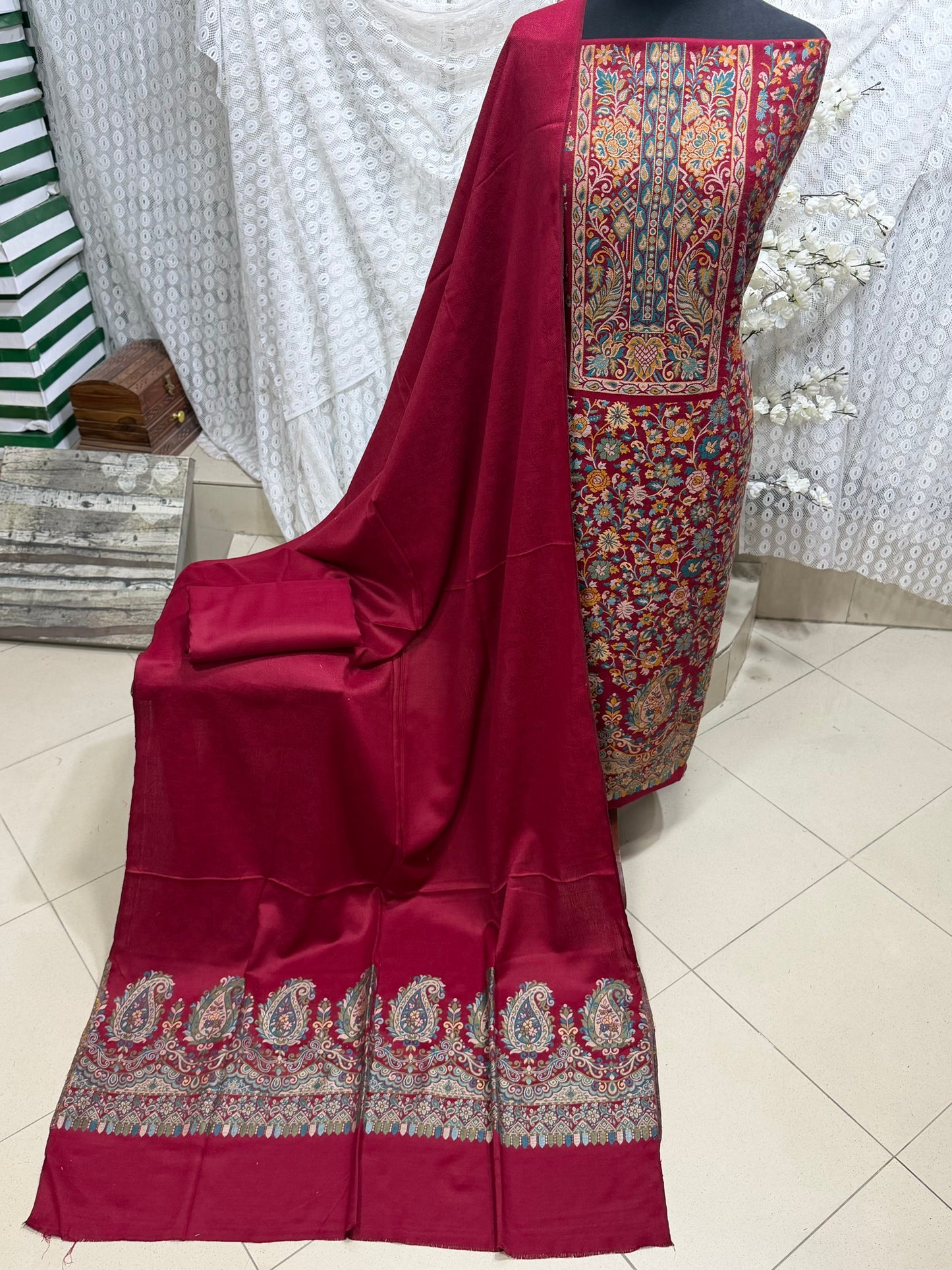 Special Kani Pashmina 3 Piece Unstitched Suit | Maroon