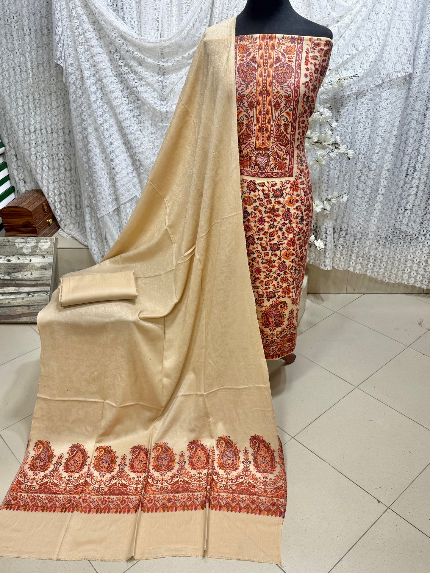 Special Kani Pashmina 3 Piece Unstitched Suit | Beige Skin