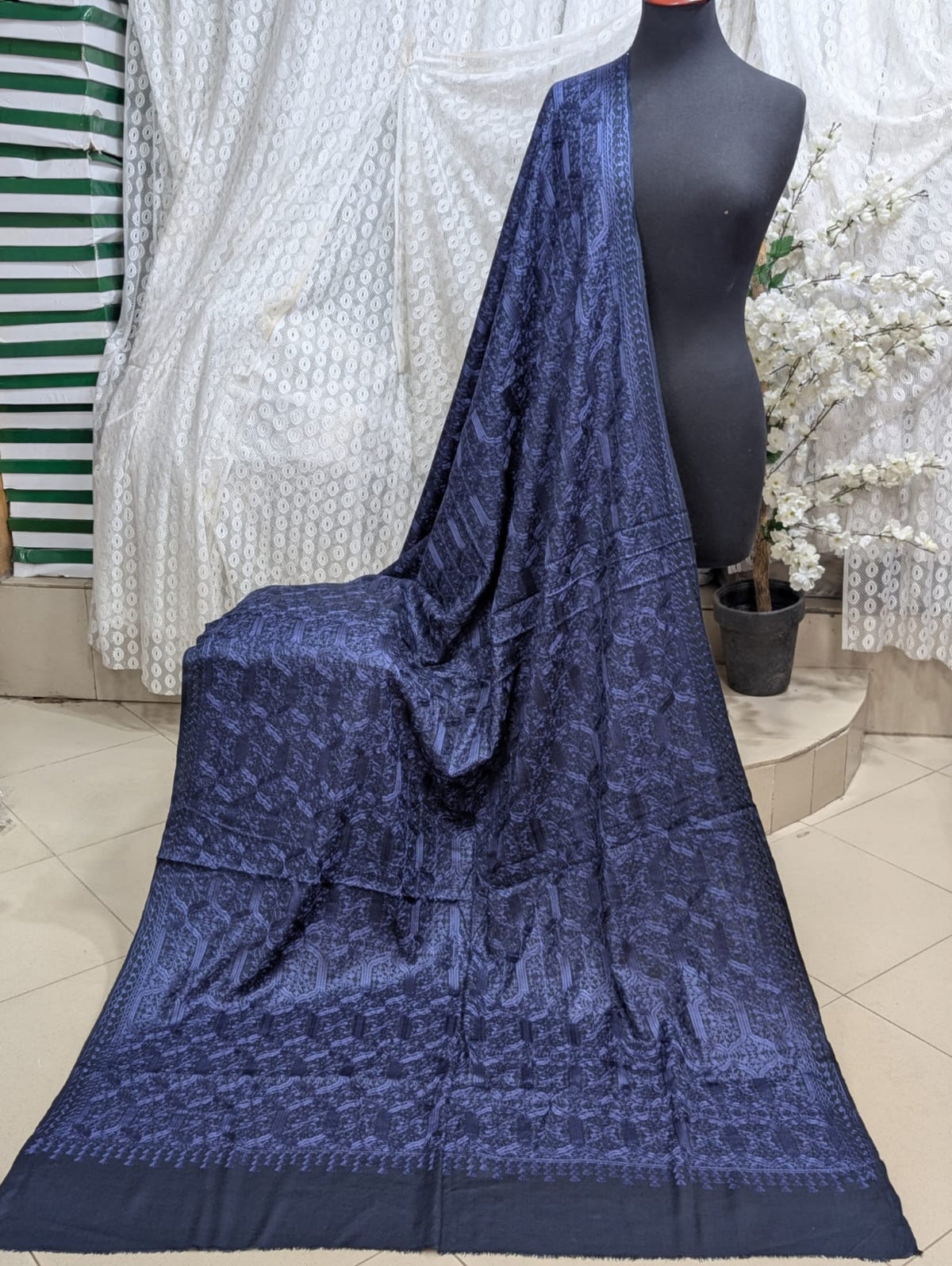 Pashmina Full Embroidered Shawl Nalki Jaal | Blue on Blue