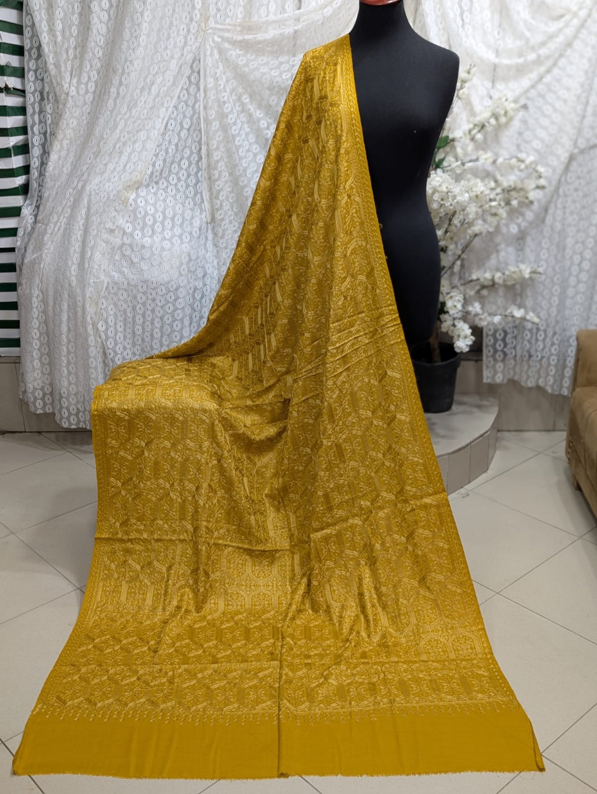 Pashmina Full Embroidered Shawl Nalki Jaal | Mustard on Mustard