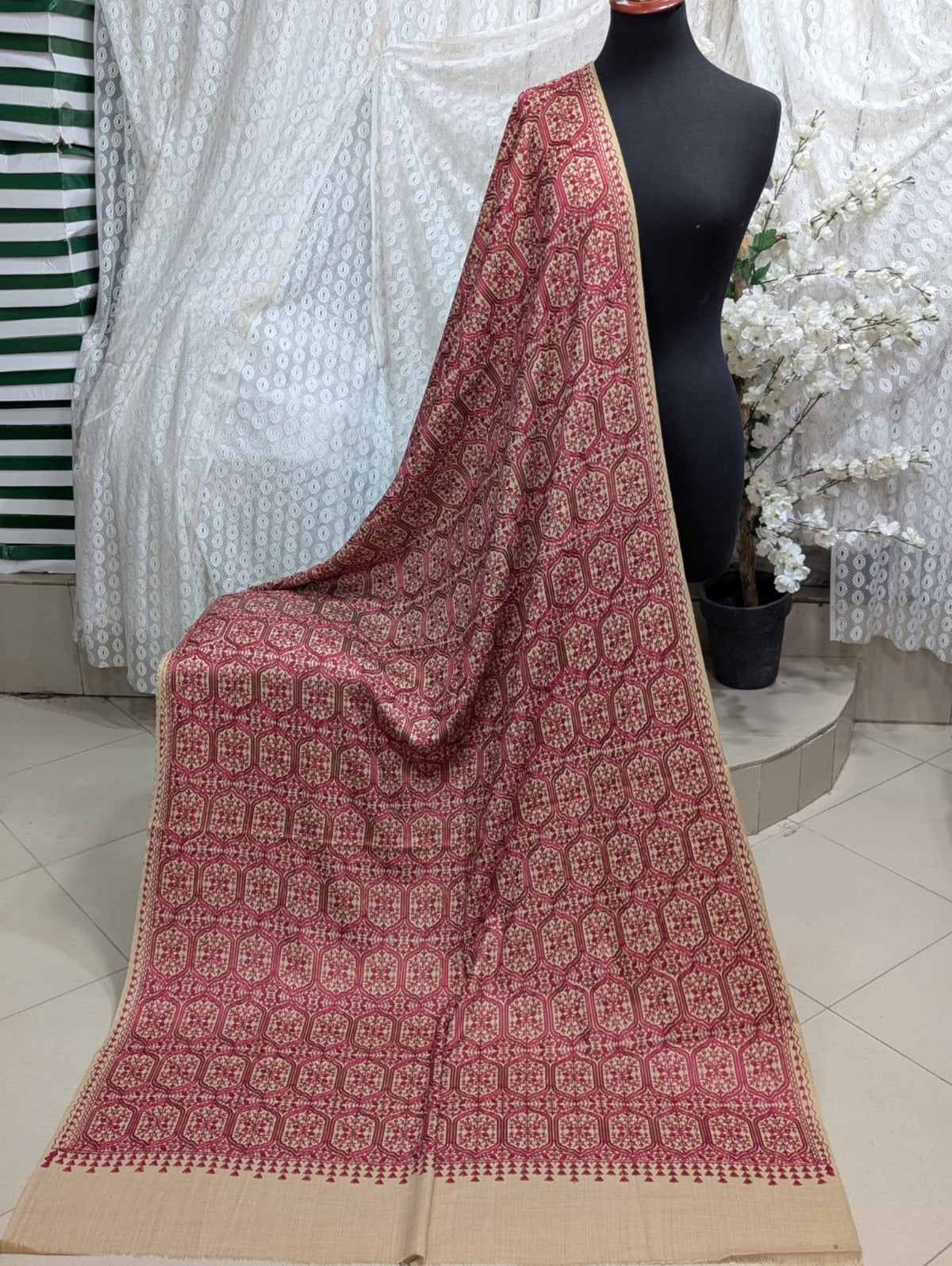 Pashmina Full Embroidered Shawl Nalki Jaal | Maroon on Skin