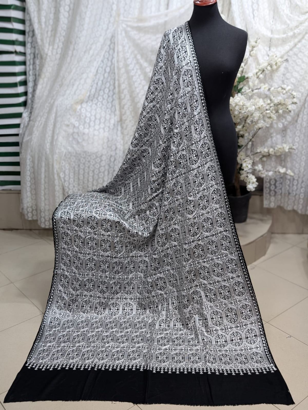 Pashmina Full Embroidered Shawl Nalki Jaal | White on Black