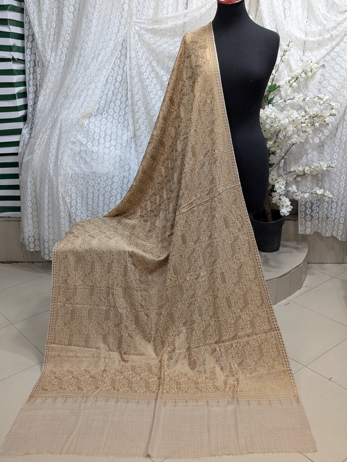 Pashmina Full Embroidered Shawl Nalki Jaal | Golden on Skin
