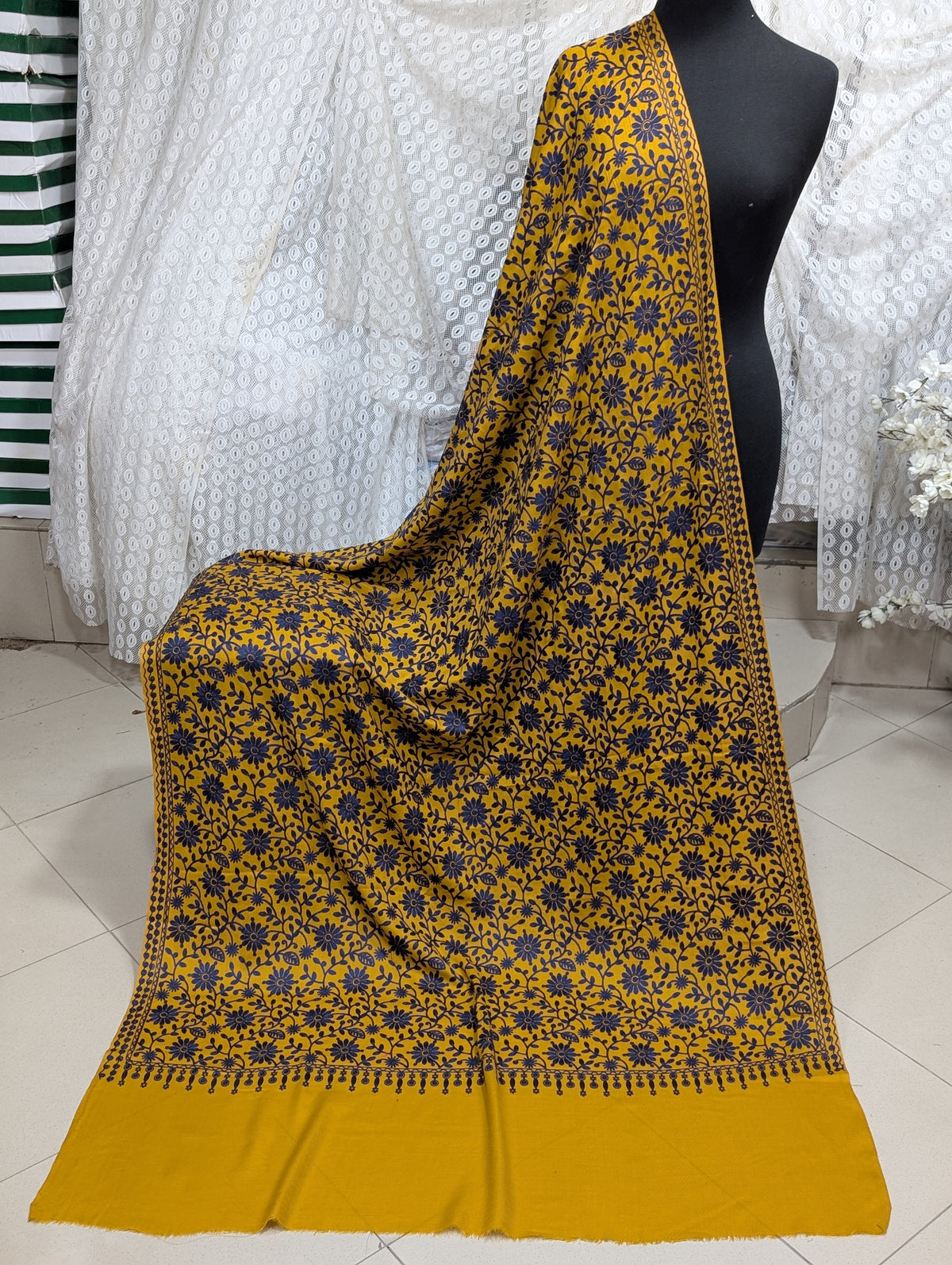 Pashmina Embroidered Shawl Flower Design | Mustard With Blue