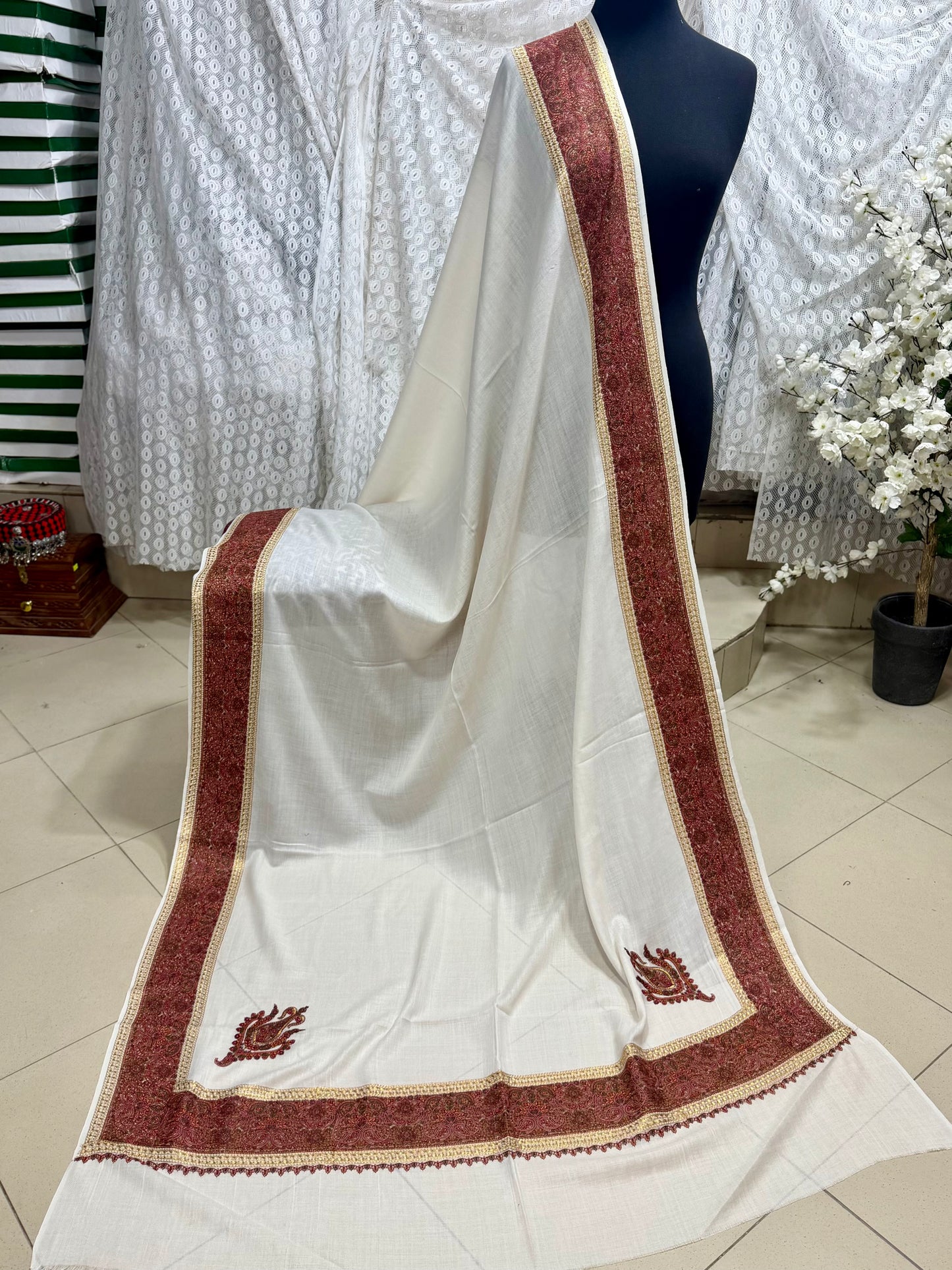 Kashmiri Shawl | Wide Border Papermache Tilla Embroidery Made in Kashmir Pure Pashmina | Off White
