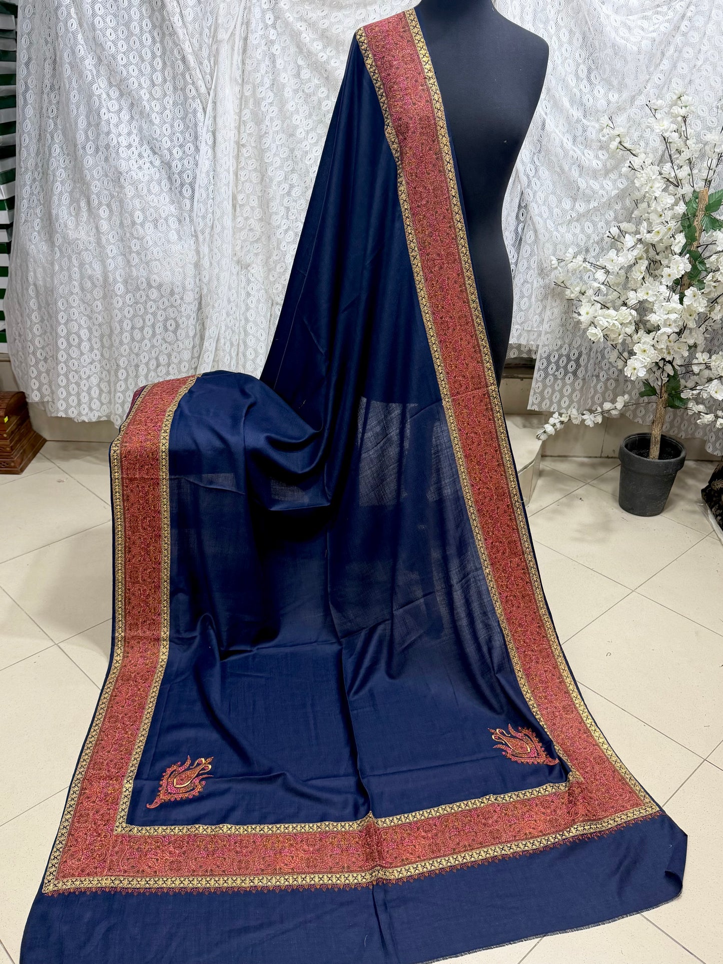 Kashmiri Shawl | Wide Border Papermache Tilla Embroidery Made in Kashmir Pure Pashmina | Blue
