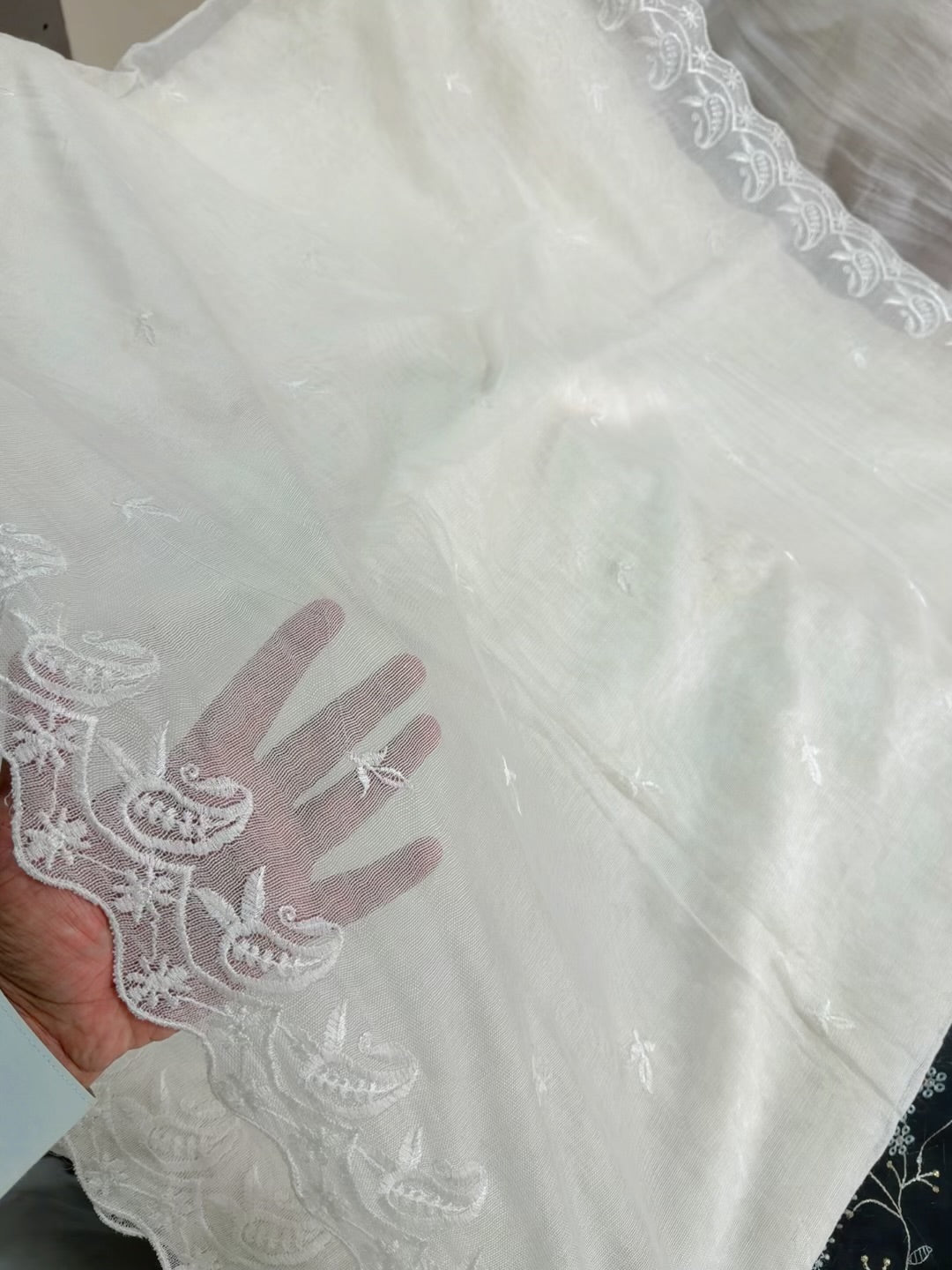 Cotton Net Embroidered Dupatta Border and Bouti Work