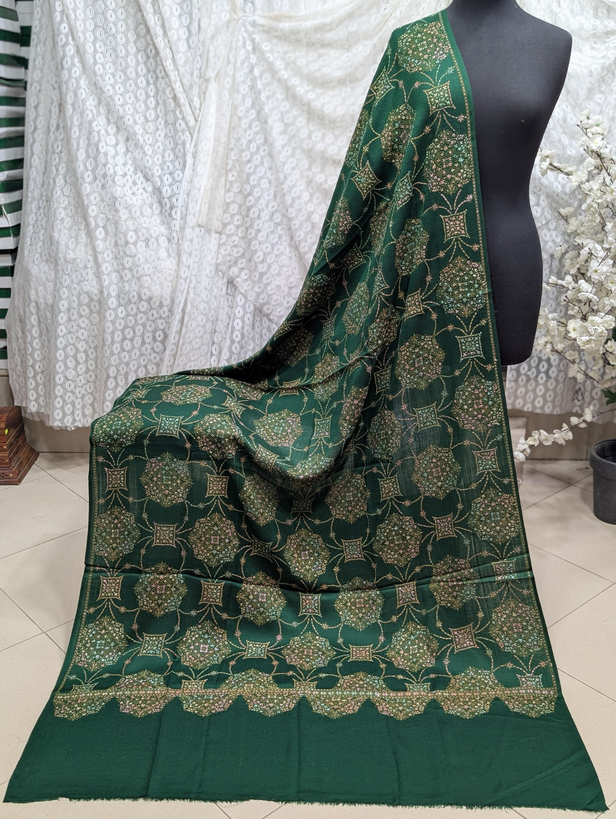 Pashmina Shawl | Hand Embroidery on Print Beautiful Shawl | Green