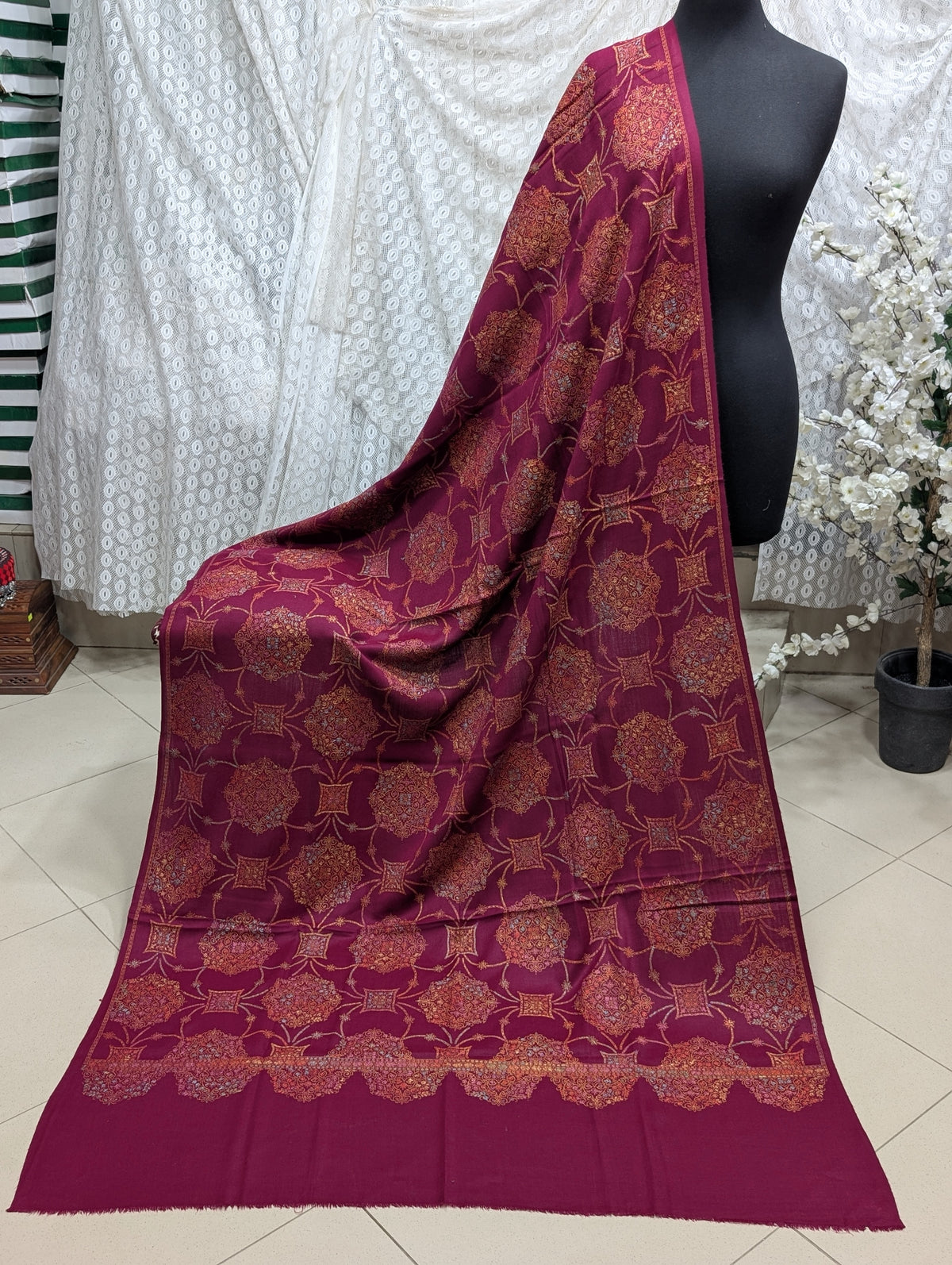 Pashmina Shawl | Hand Embroidery on Print Beautiful Shawl | Magenta