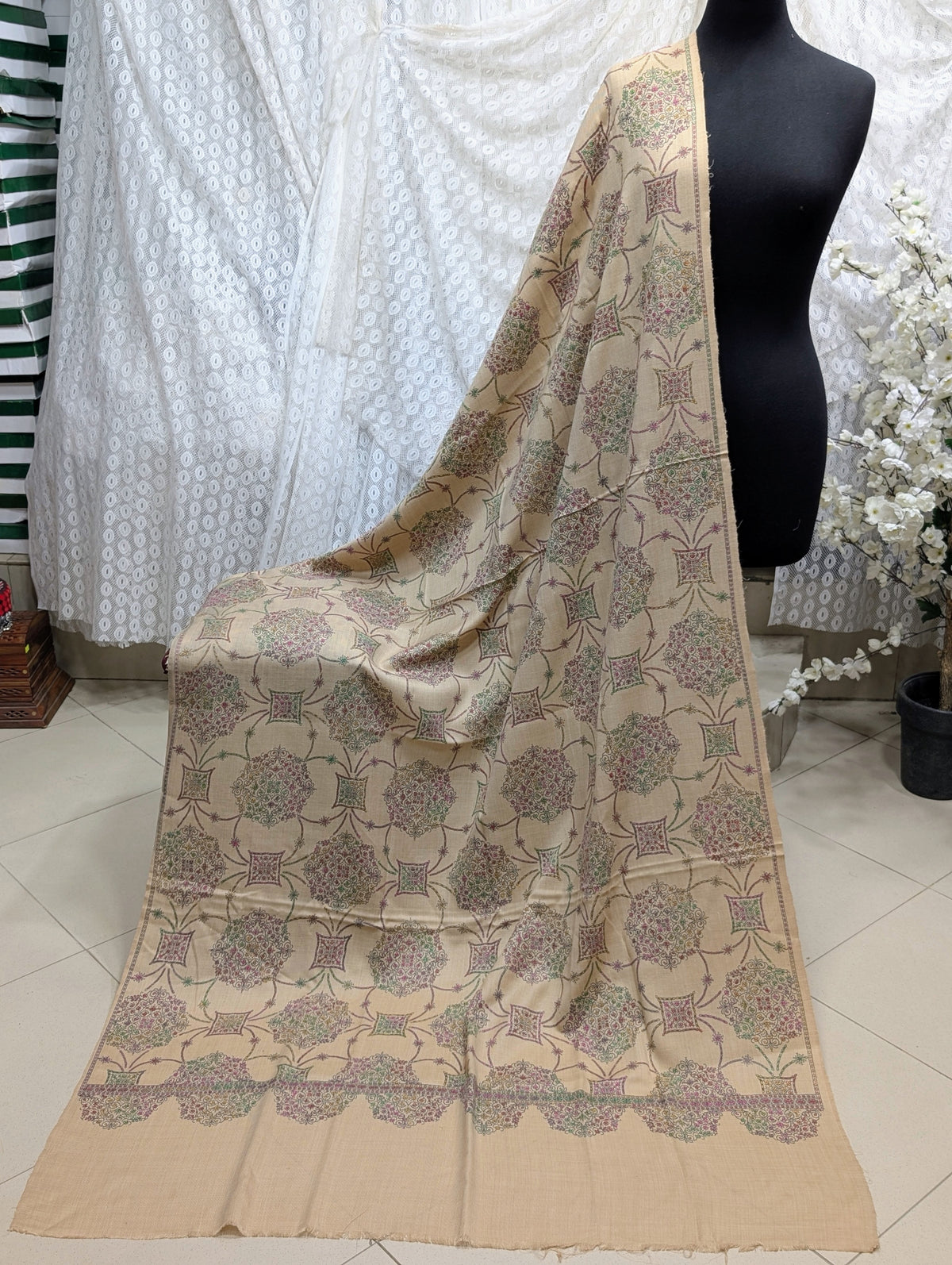 Pashmina Shawl | Hand Embroidery on Print Beautiful Shawl | Light Skin