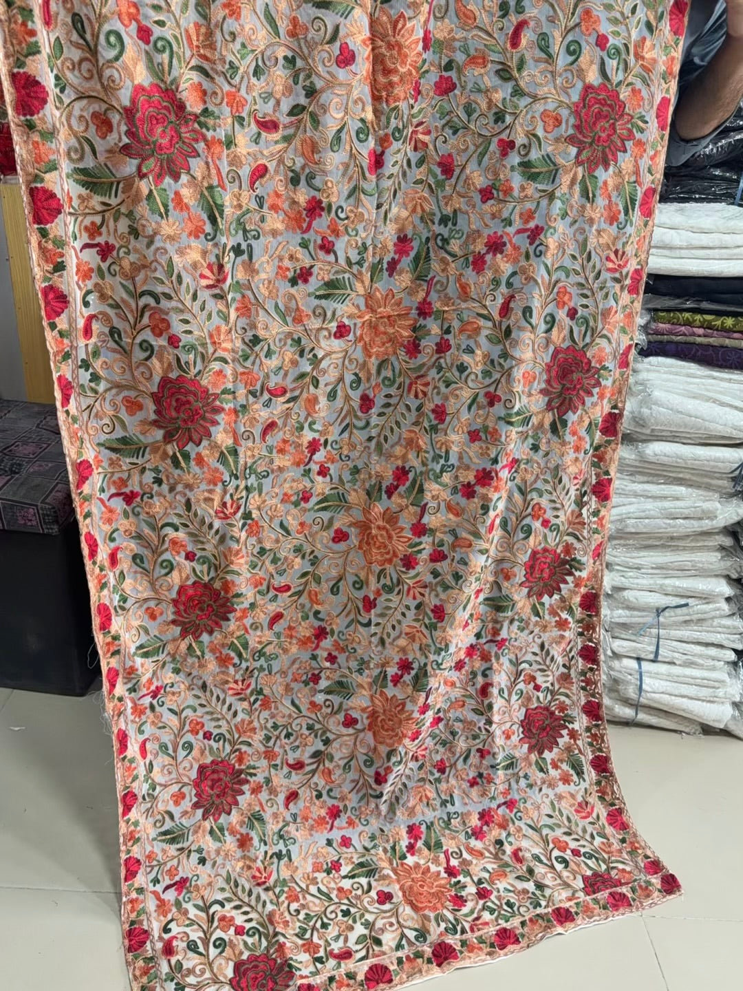 Crinkle Chiffon Kashmiri Multi Jaal Embroidered Dupatta | White With Multi Embroidery