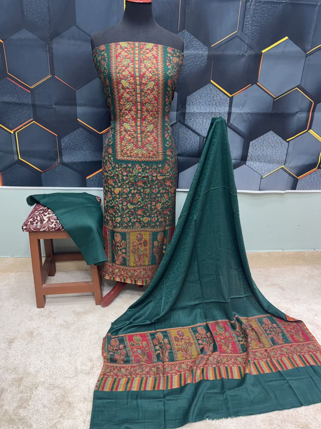 New Kani Pashmina Allover Design 3 Piece Unstitched Suit | Bottle Green