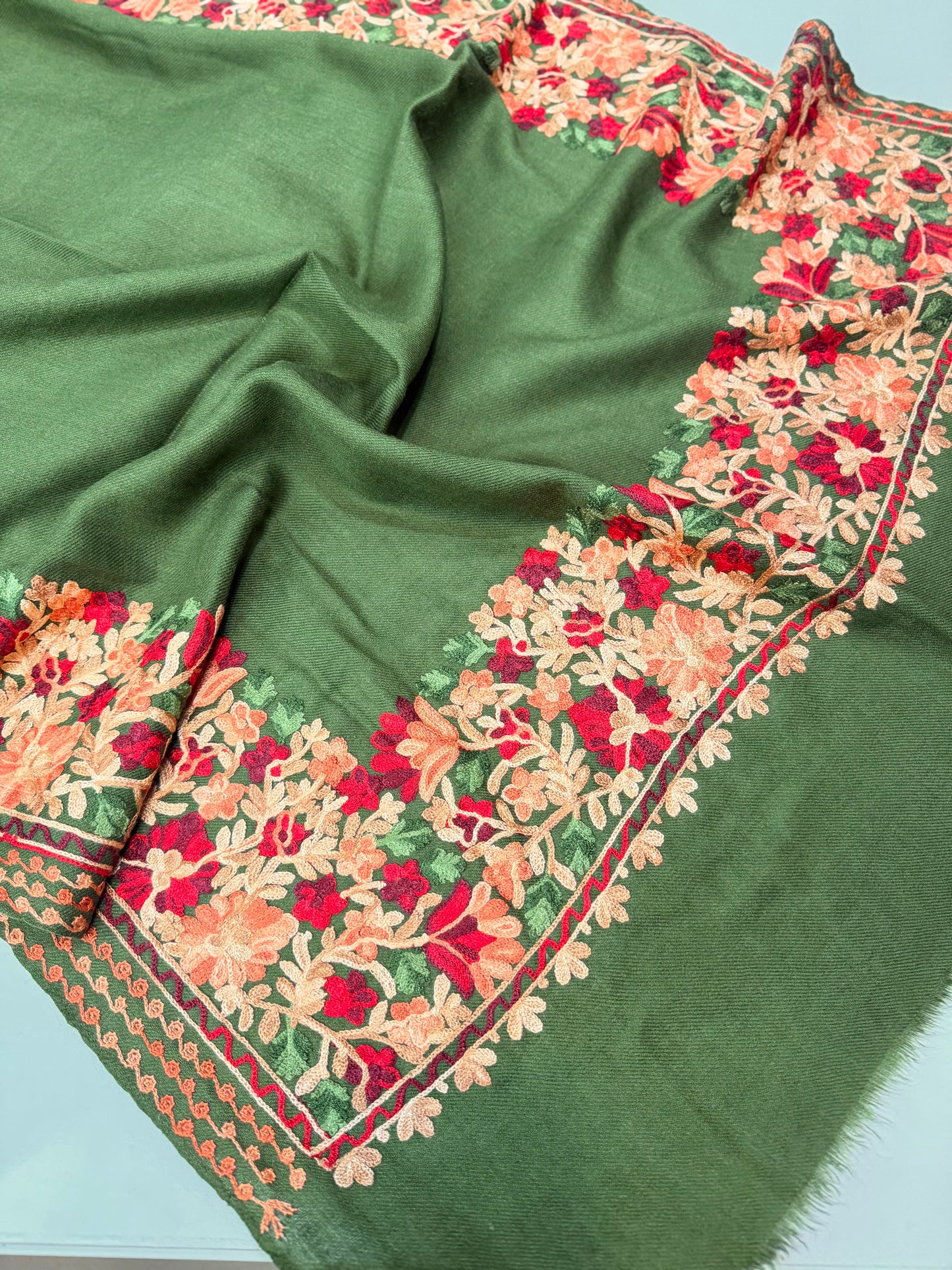 Pashmina Stole | Aari Border Embroidery 4 Side Border Perfect Gift | Mehndi Green