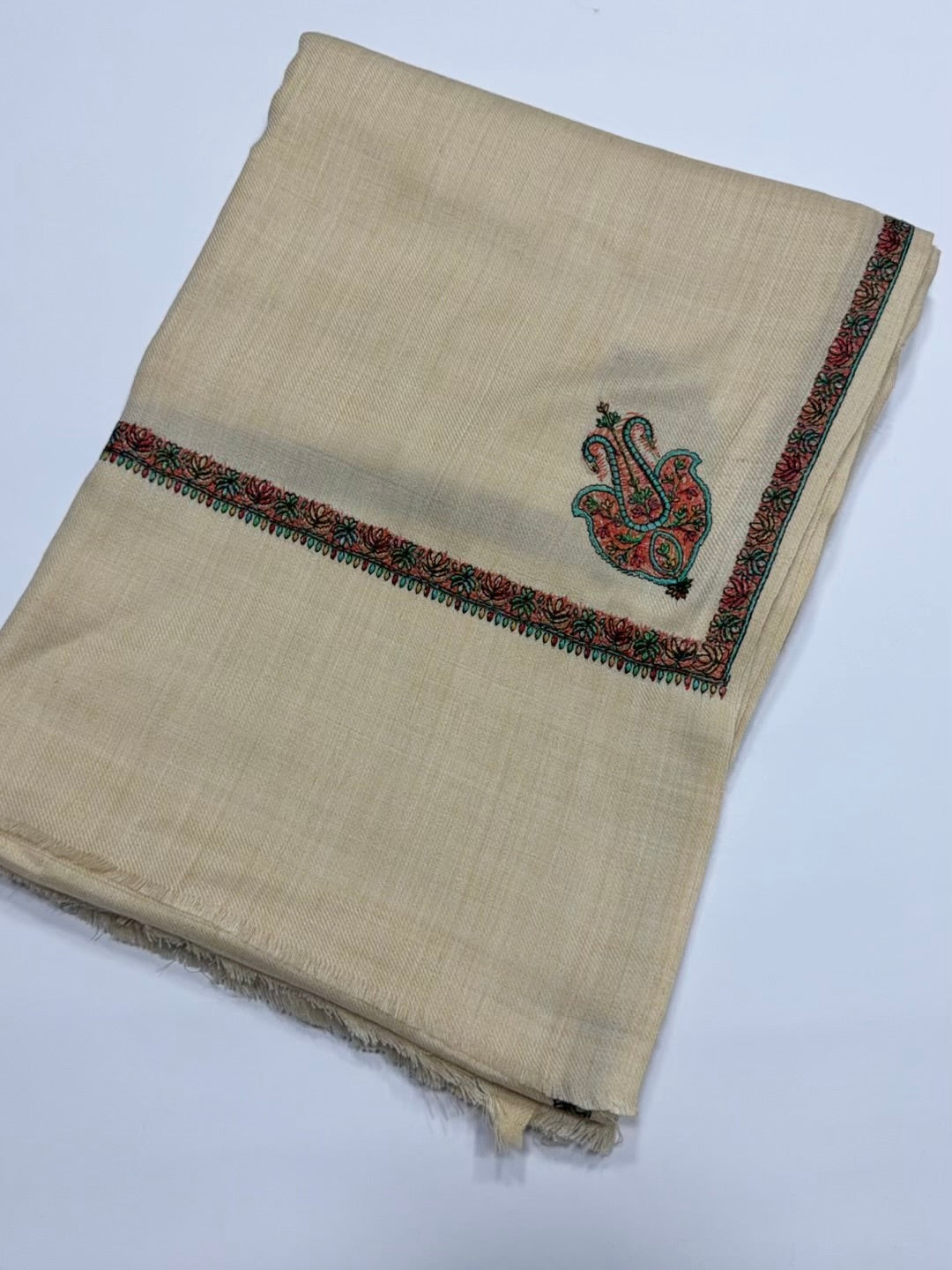 Kingri Border Embroidered Pashmina Shawl | Light Skin