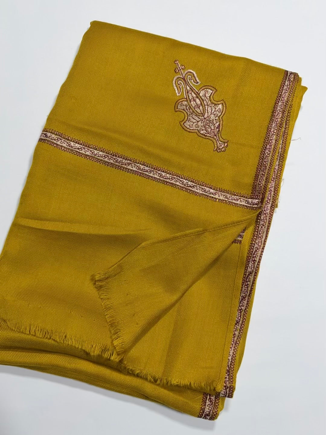 Kingri Border Embroidered Pashmina Shawl | Mustard
