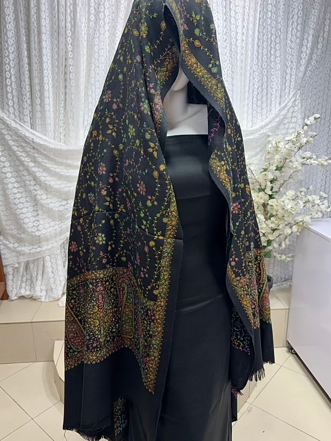 Pashmina 3 Piece Suit | Hand Embroidered Shawl with Plain Suit | Black
